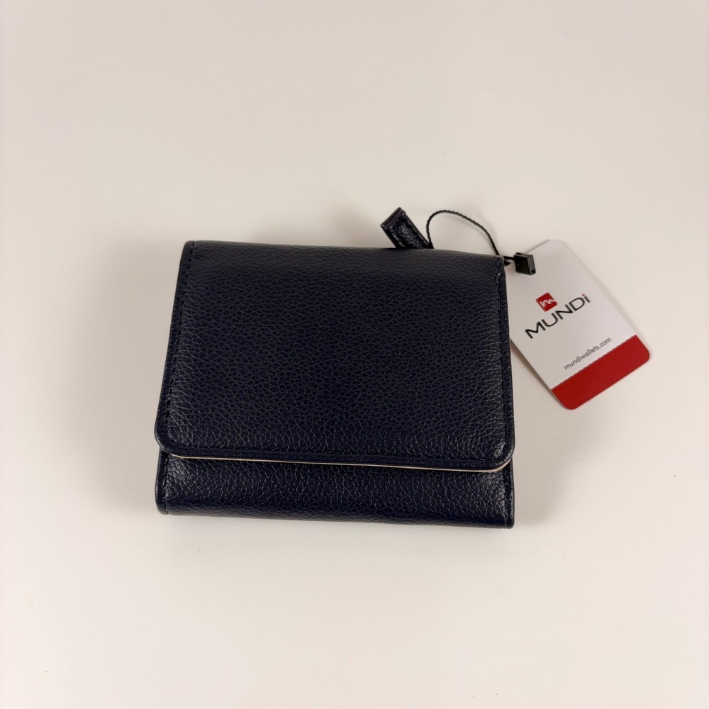 Mundi Womens Navy Blue Pebbled Trifold Wallet Snap Closure ID Window NWT